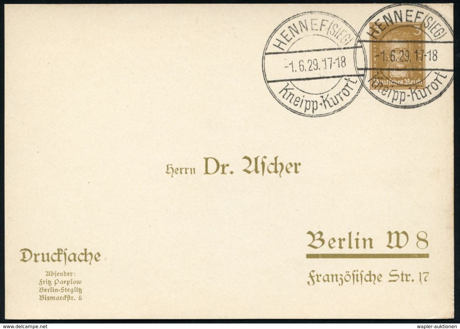 SEBASTIAN KNEIPP / KNEIPP-KURORTE : HENNEF (SIEG)/ Kneipp-Kurort 1929 (1.6.) HWSt Klar Auf PP 3 Pf. Goethe (Paeplow-Asch - Médecine