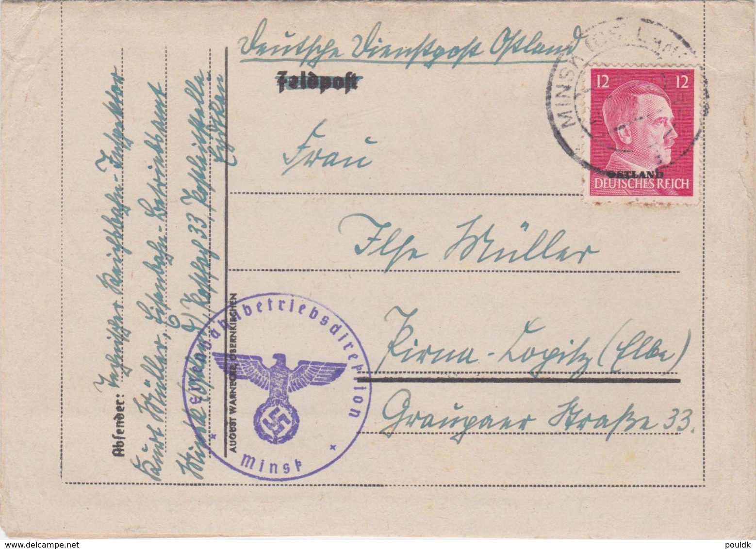 From Eisenbahnbetriebsdirektion Minsk Via Deutsche Dienstpost Ostland Franked W/Ostland Stamp P/m Minsk 19.5.194 - Militaria