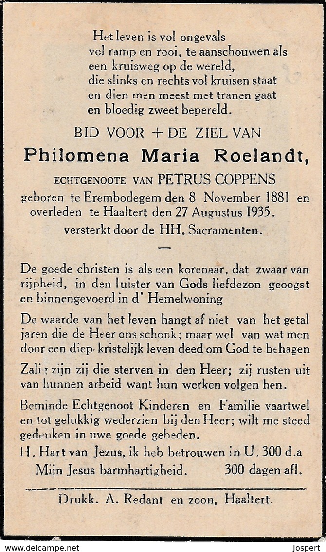 Erembodegem, Haaltert, 1935, Philomena Roelandt, Coppens - Devotieprenten
