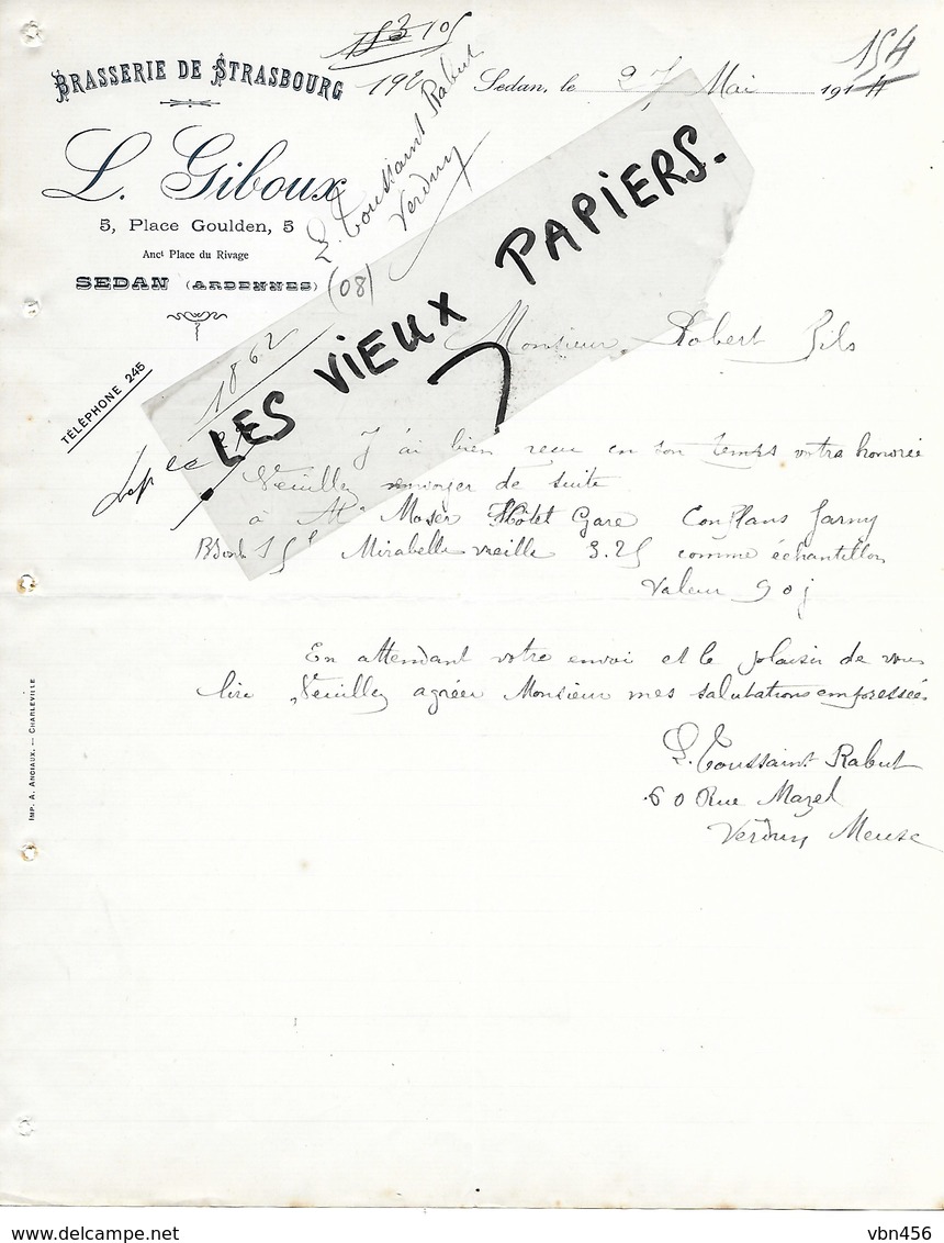 08 - Ardennes - SEDAN - Facture GIBOUX - Brasserie De Strasbourg - 1914 - REF 129A - 1900 – 1949