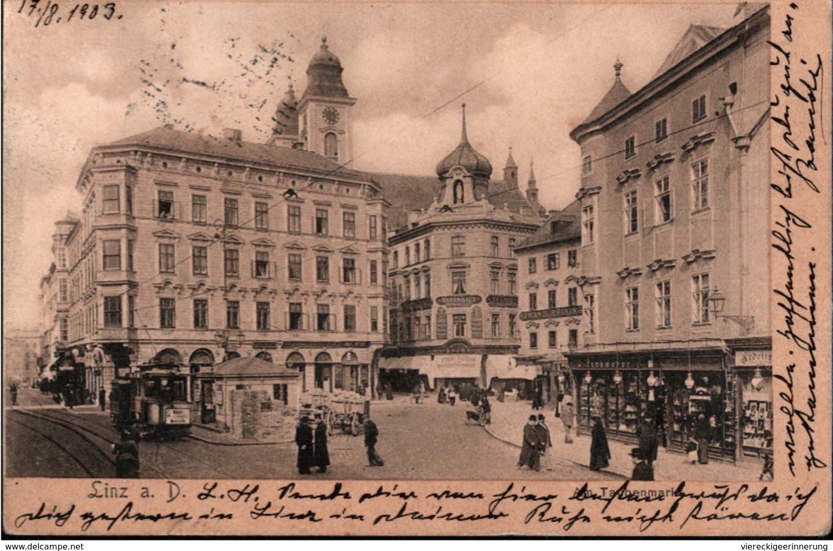 !  Alte Ansichtskarte 1903 Linz, Am Taubenmarkt, Geschäfte, Straßenbahn, Tram - Linz