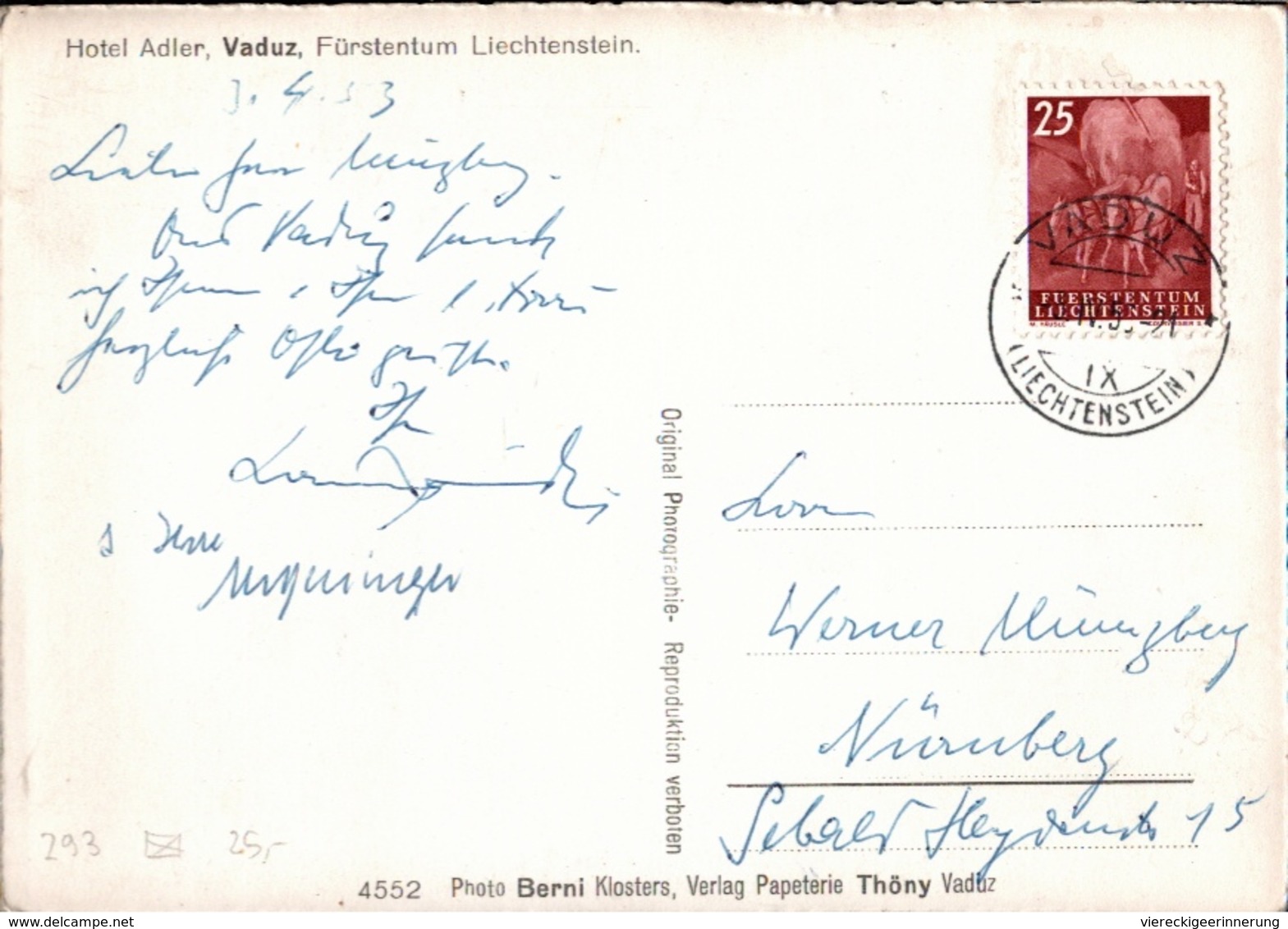 ! 1953 Ansichtskarte, Liechtenstein, Vaduz, Hotel Adler - Liechtenstein