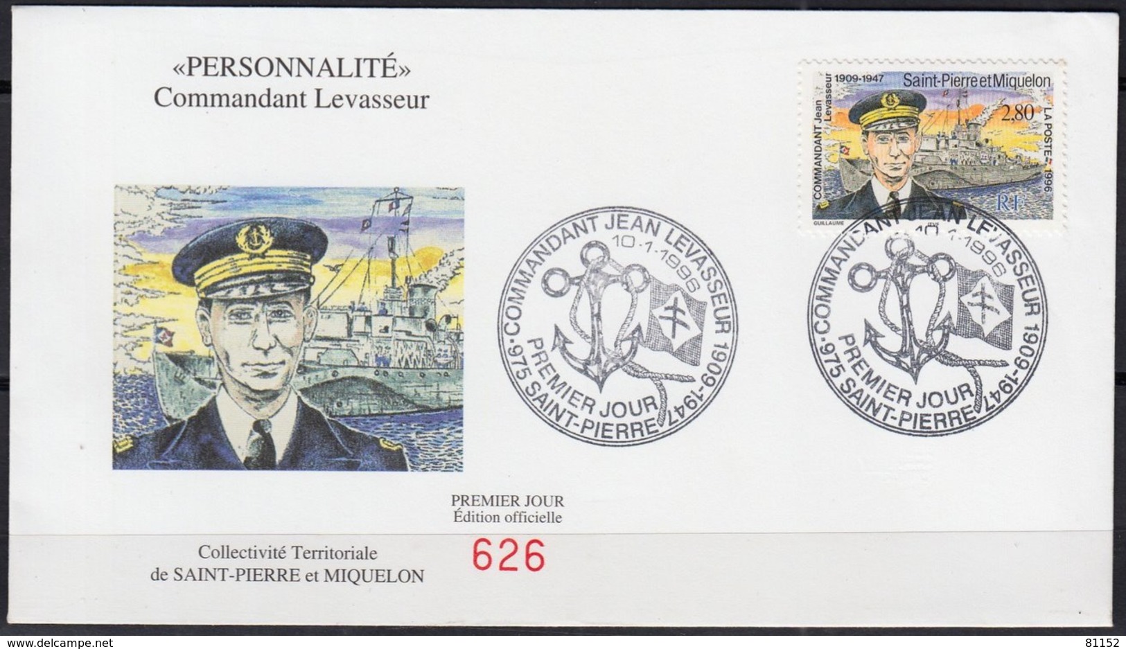 FDC     Personnalité   " Commandant LEVASSEUR  2f80 "     De SAINT-PIERRE Et MIQUELON    Le 10 1 1996 - FDC