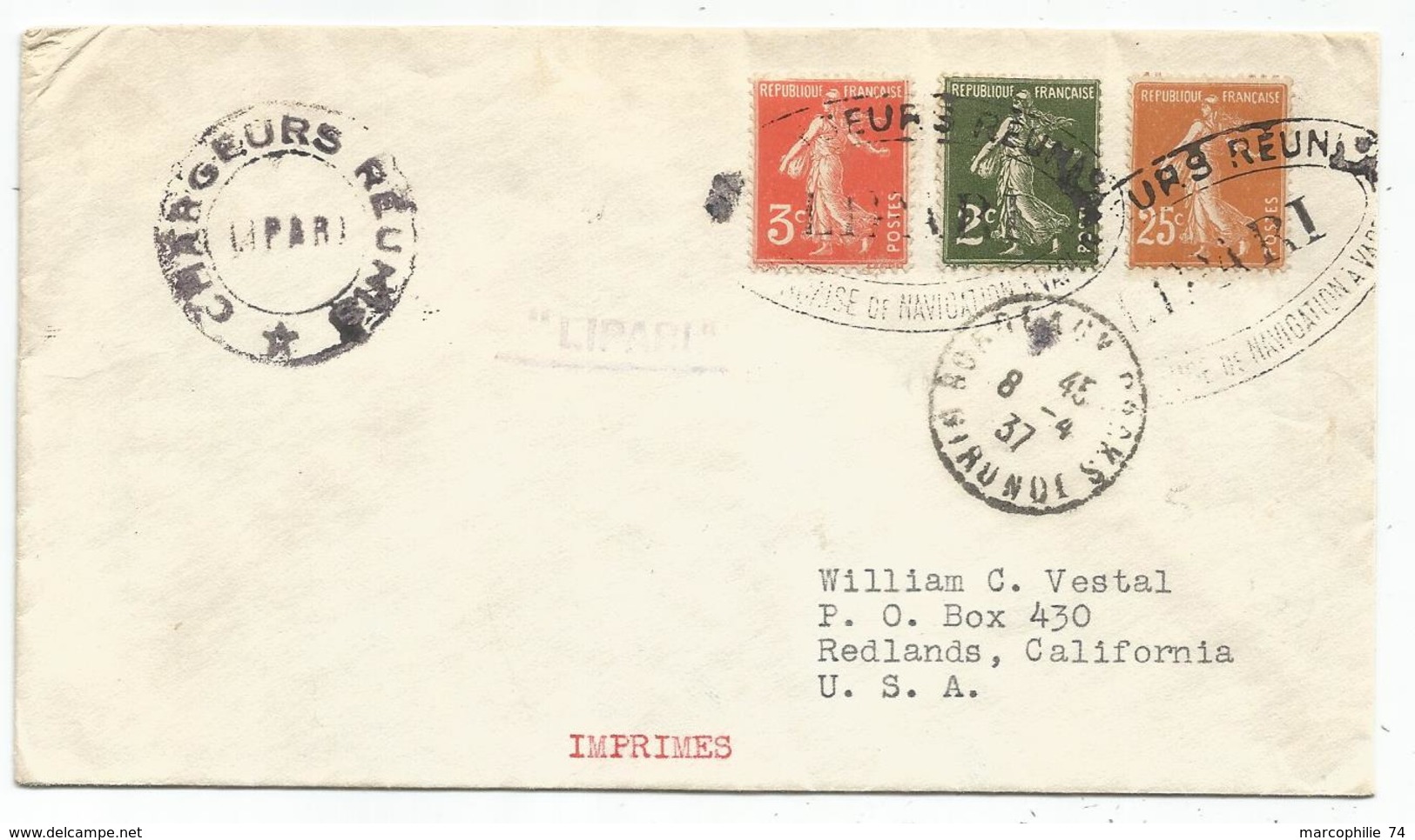 SEMEUSE 2C+3C+25C BISTRE LETTRE CHARGEURS REUNIS LIPARI + BORDEAUX 8.4.1937 POUR USA - 1906-38 Säerin, Untergrund Glatt