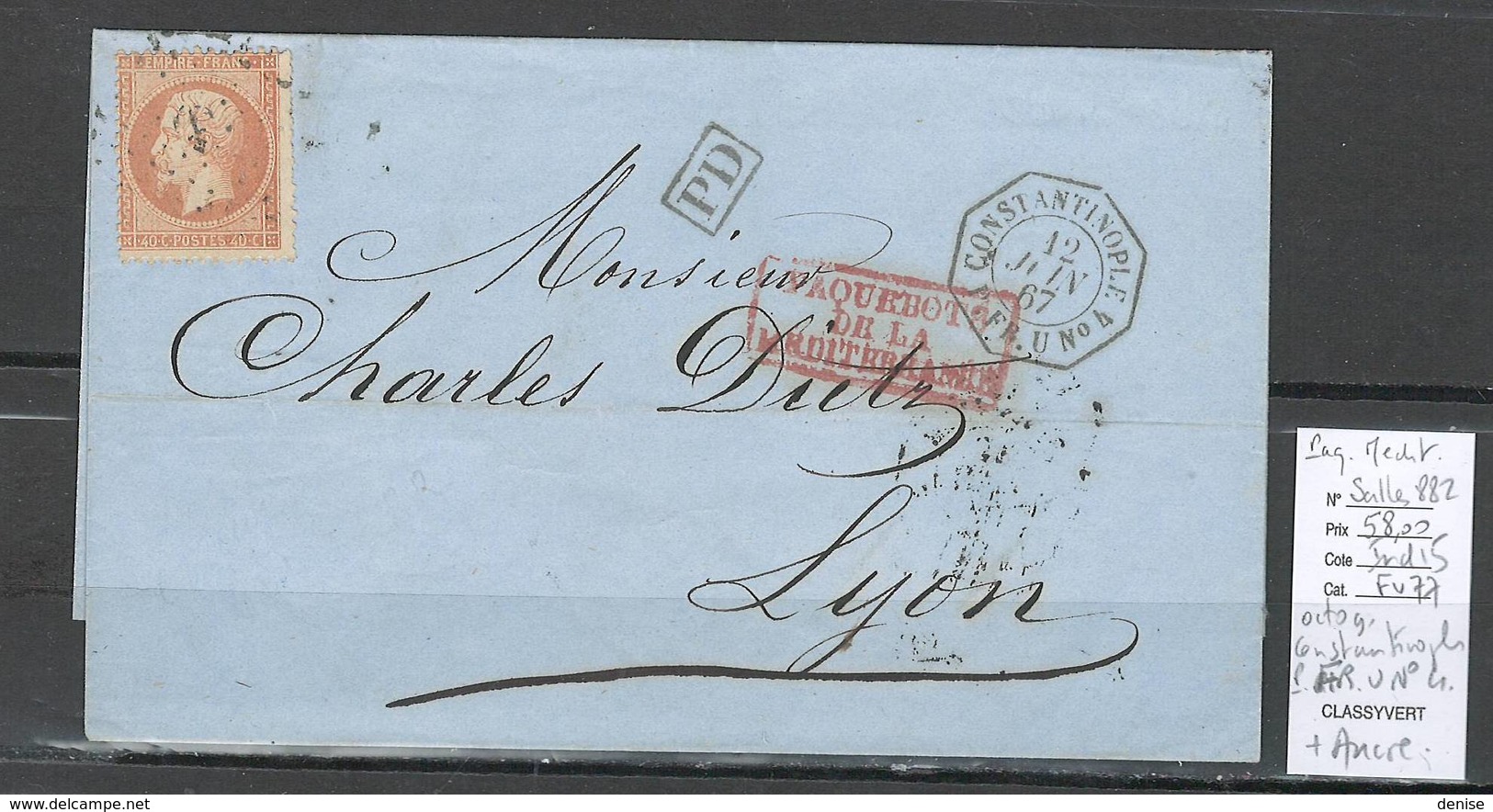 France -Lettre Constantinople Pour Lyon - 1867 - - Paquebot ERIDAN - Ancre + Paquebots Mediterrannée - Maritime Post