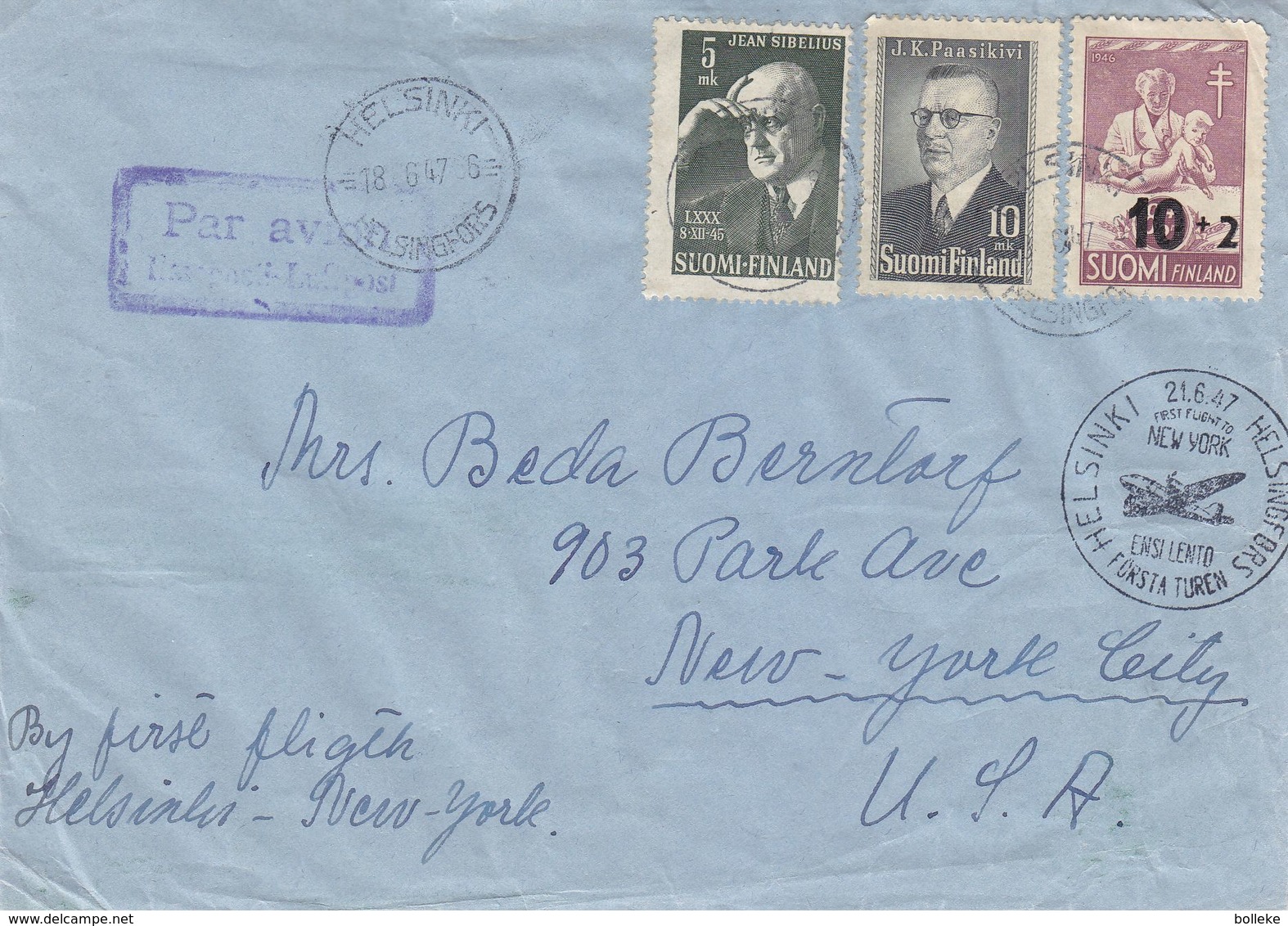 Finlande - Lettre De 1947 - Oblit Helsinki - 1er Vol Helsinki New York - - Covers & Documents