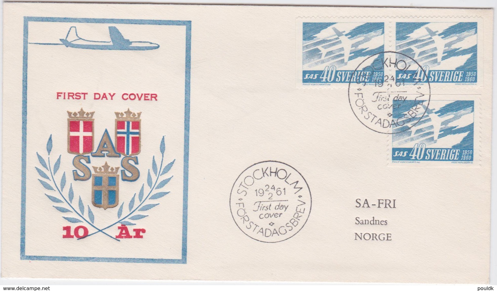 Sweden FDC 1961 SAS 10 Years (G107-32) - Flugzeuge