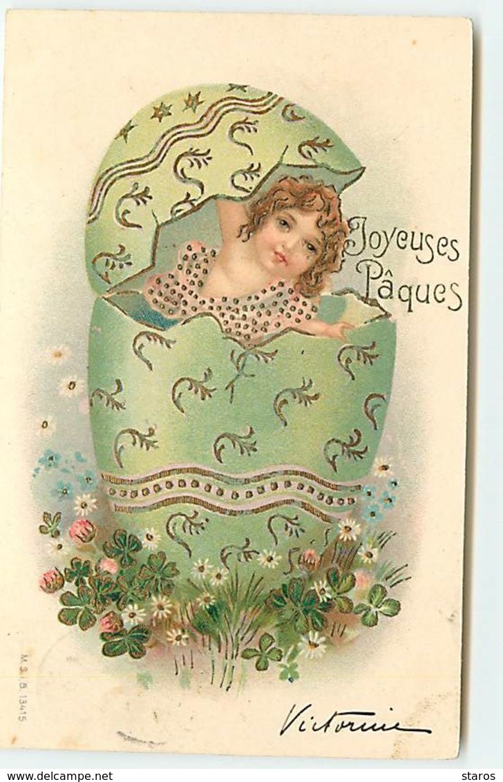 Carte Gaufrée - Joyeuses Pâques - Ange Sortant D'un Oeuf Décoré - Easter