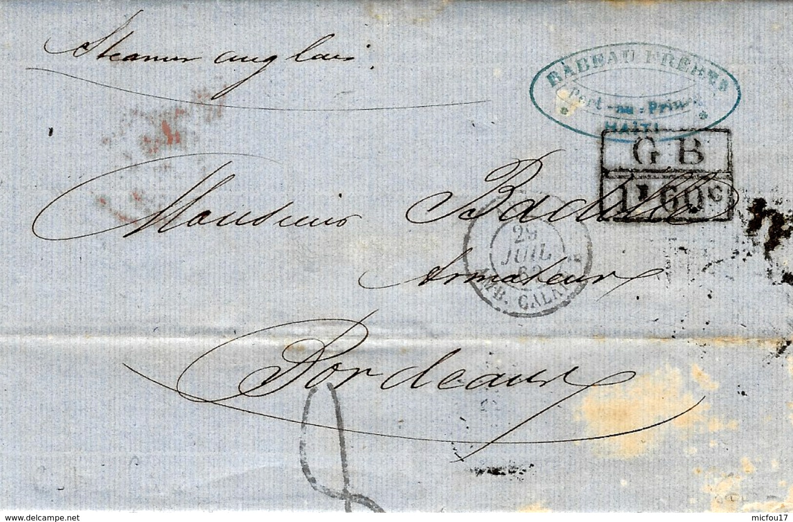 1862- Lettre De Port-au-Prince  Taxe 8 D Marque D'échange G B / 1f 60 C Pour Bordeaux - Hawaï