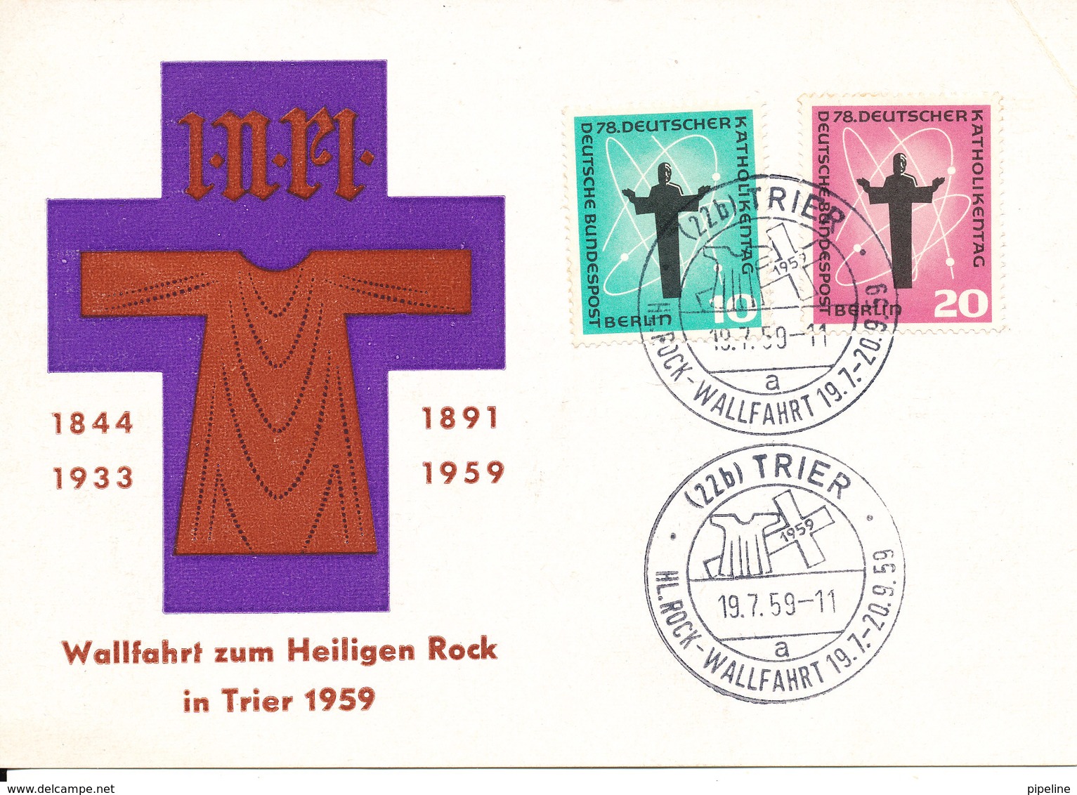 Germany Card Trier 19-7-1959 Wahlfahrt Zum Heiliegen Rock In Trier Deutscher Katholikentag Berlin Stamps (right Upper Co - Covers & Documents