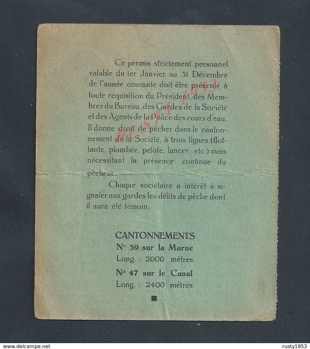 CARTE DE PÊCHE & PISCICULTURE DE 1944 SUR TIMBRE FISCAUX LA GOUJONNETTE À CHELLES DE BONNET JEAN : - Pêche