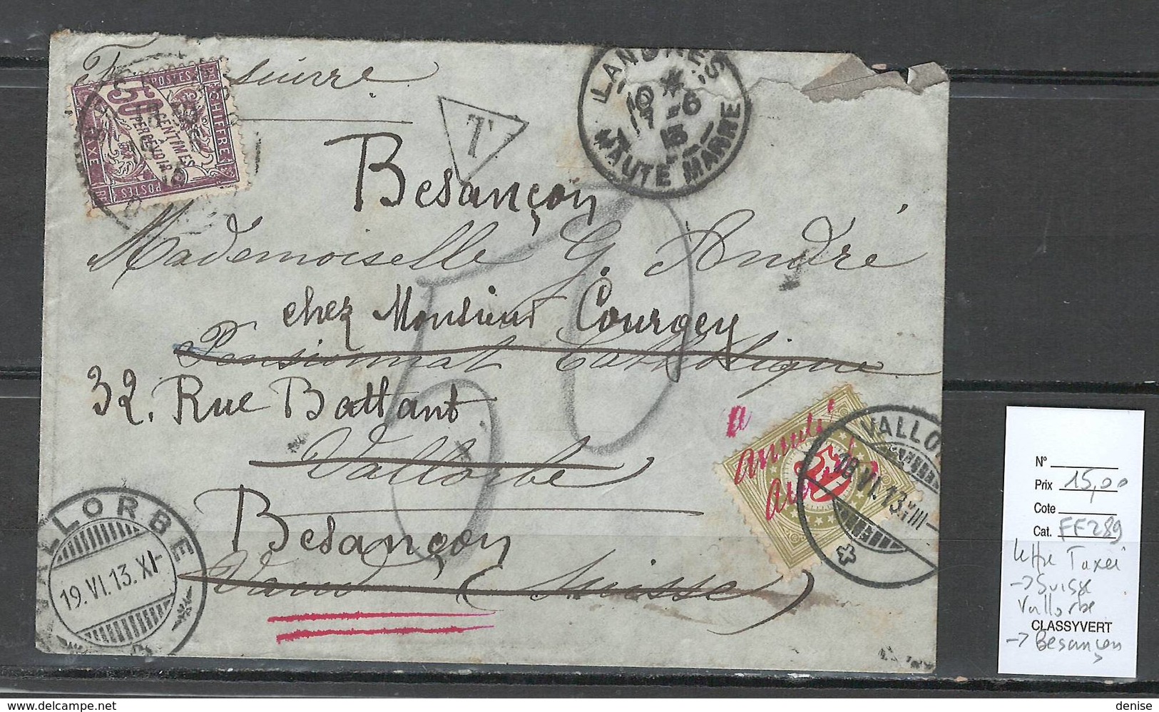 France - Lettre Taxée De  Langres Pour Vallorbe - Suisse Puis Besançon - TAXEE - 1913 - 1859-1959 Briefe & Dokumente