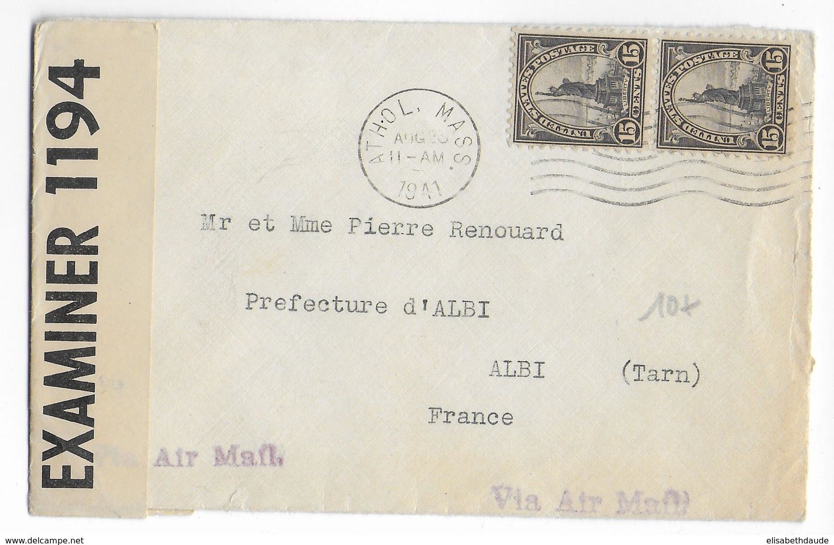 USA - 1941 - ENVELOPPE Avec CENSURE De ATHOL. MASS. => ALBI (TARN) - Covers & Documents