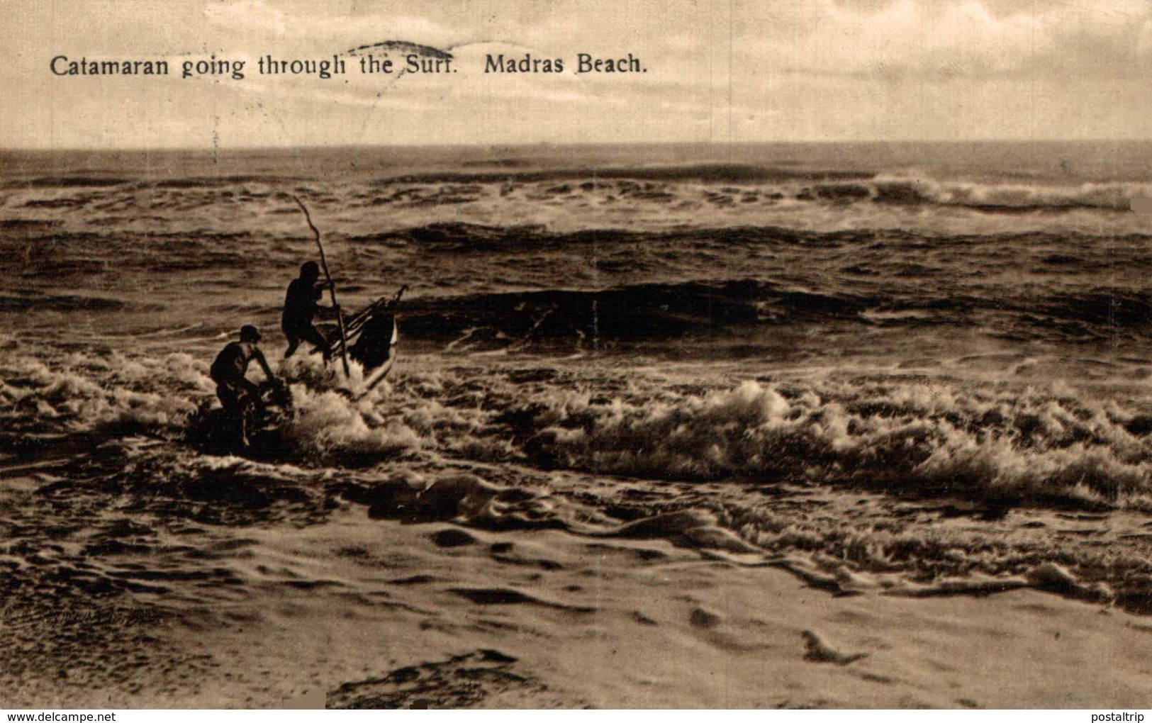 INDIA // INDE. Madras Beach Catamaran Going Through The Surf - India