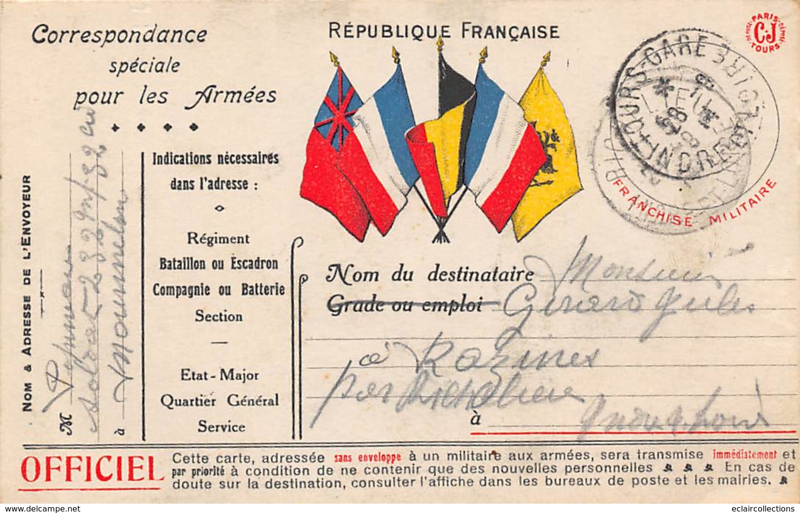 Thème      Militaria.  Correspondance Spéciale Avec Drapeaux  Pour Les Armées Adressée A Razines 37       (voir Scan) - Andere & Zonder Classificatie