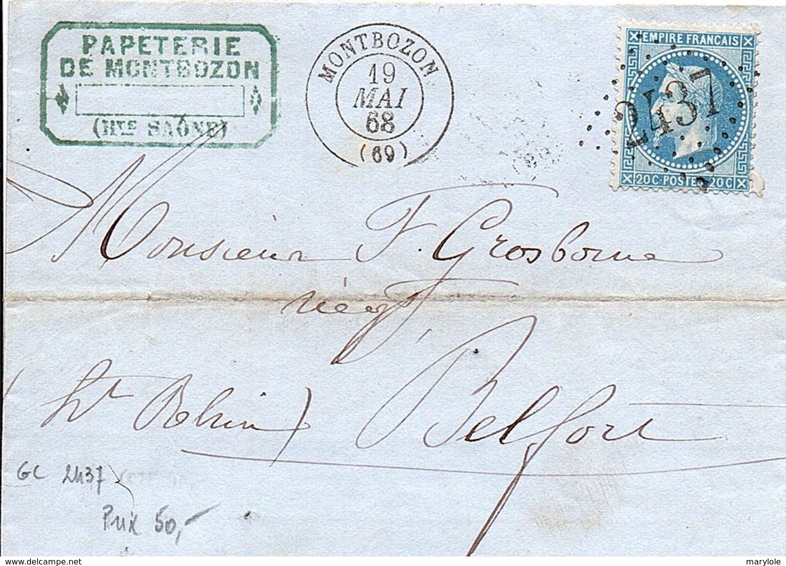 Marcophilie - 1868 -  Lettre De Montbozon  Pour Belfort , Càd  Type D7p Et  Losange GC 2437 . - 1849-1876: Periodo Clásico