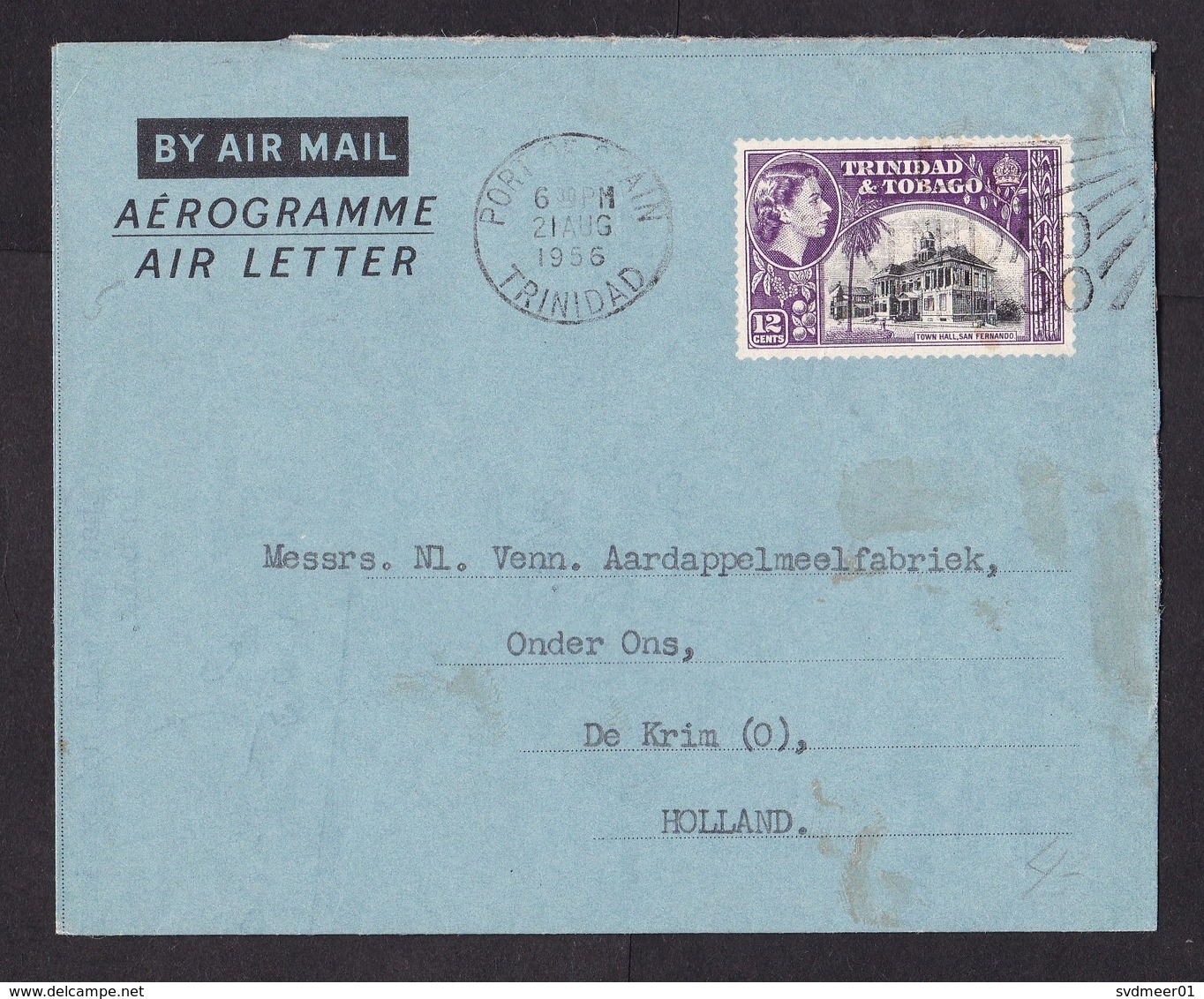 Trinidad & Tobago: Stationery Aerogramme To Netherlands, 1956, Building, Architecture (damaged, See Scan) - Trinidad & Tobago (1962-...)