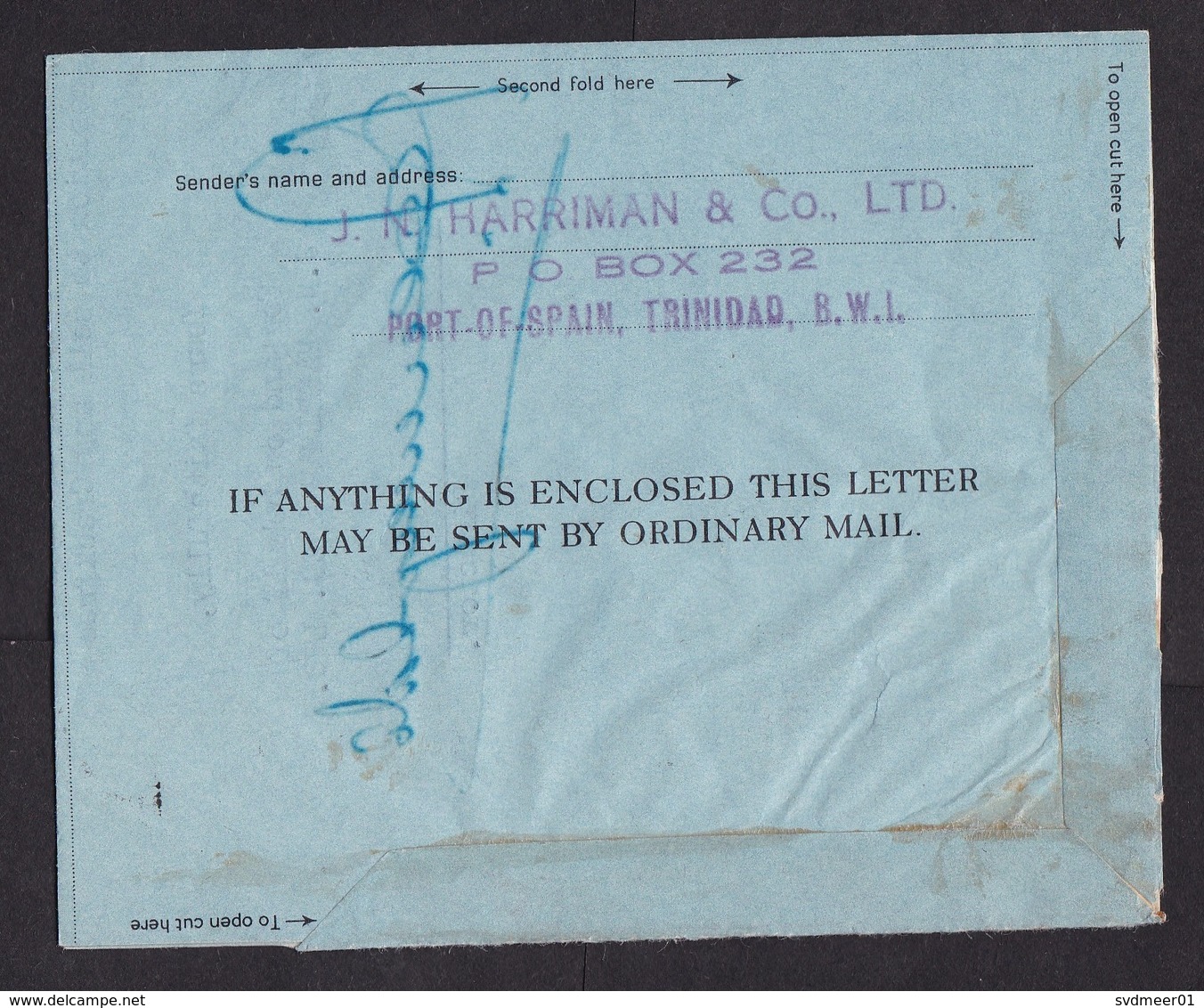 Trinidad & Tobago: Stationery Aerogramme To Netherlands, 1956, Building, Architecture (damaged, See Scan) - Trinidad & Tobago (1962-...)