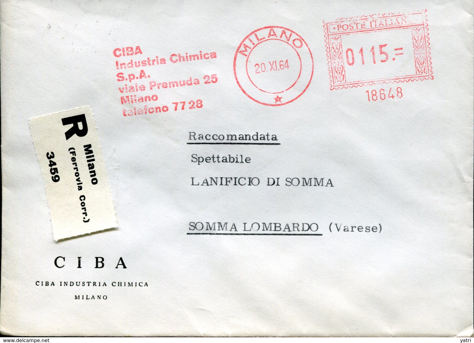 Italia (1964) -  CIBA Industria Chimica, Raccomandata Da Milano (ferrovia) - Macchine Per Obliterare (EMA)