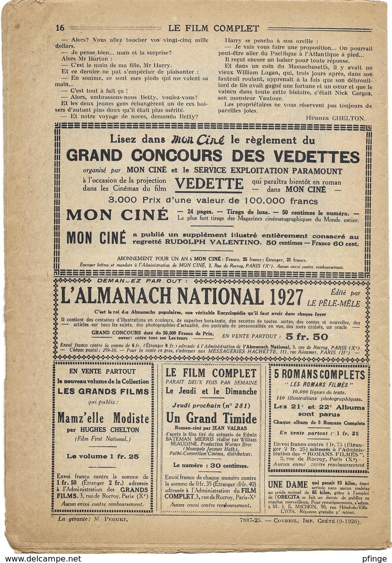 Le Film Complet N°280 Du 26-9-26 - Plein Les Bottes - Roman-ciné Par Hugues Chelton - 1900 - 1949