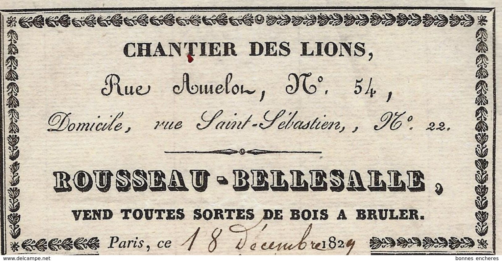 1829 PARIS VIE QUOTIDIENNE CHANTIER DES LIONS ROUSSEAU BELLESALLE Bois à Bruler Rue Amelon  Avec Signature - 1800 – 1899