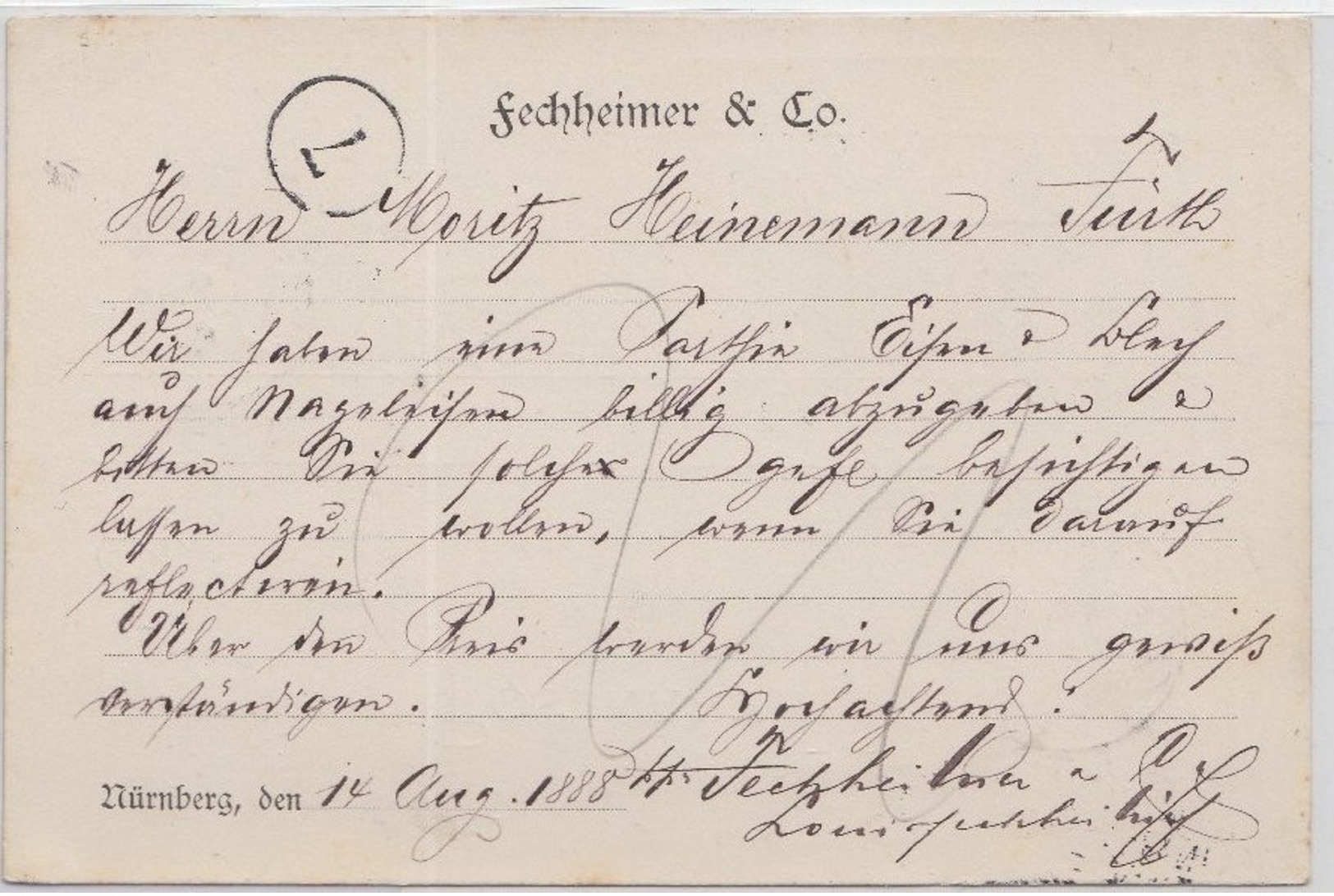 Bayern - 5 Pfg. Wappen A-Zähnung Karte Nürnberg - Fürth 1888 - Sonstige & Ohne Zuordnung