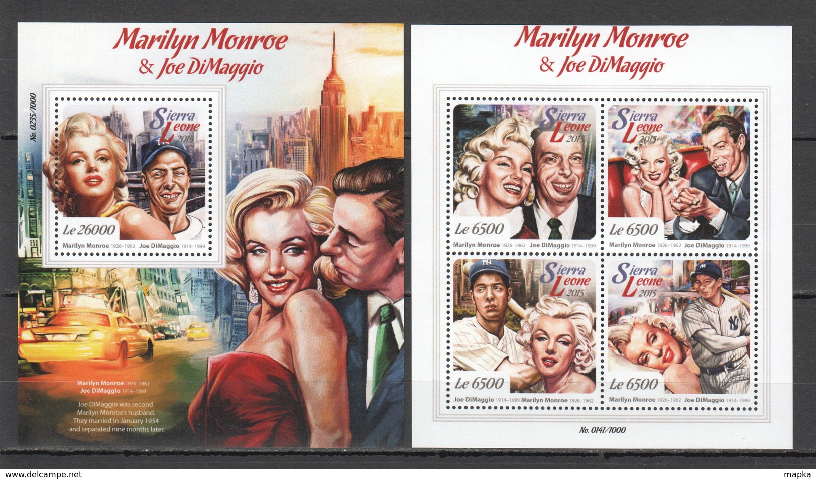 ST547 2015 SIERRA LEONE FAMOUS PEOPLE MARILYN MONROE JOE DIMAGGIO 1KB+1BL MNH - Acteurs