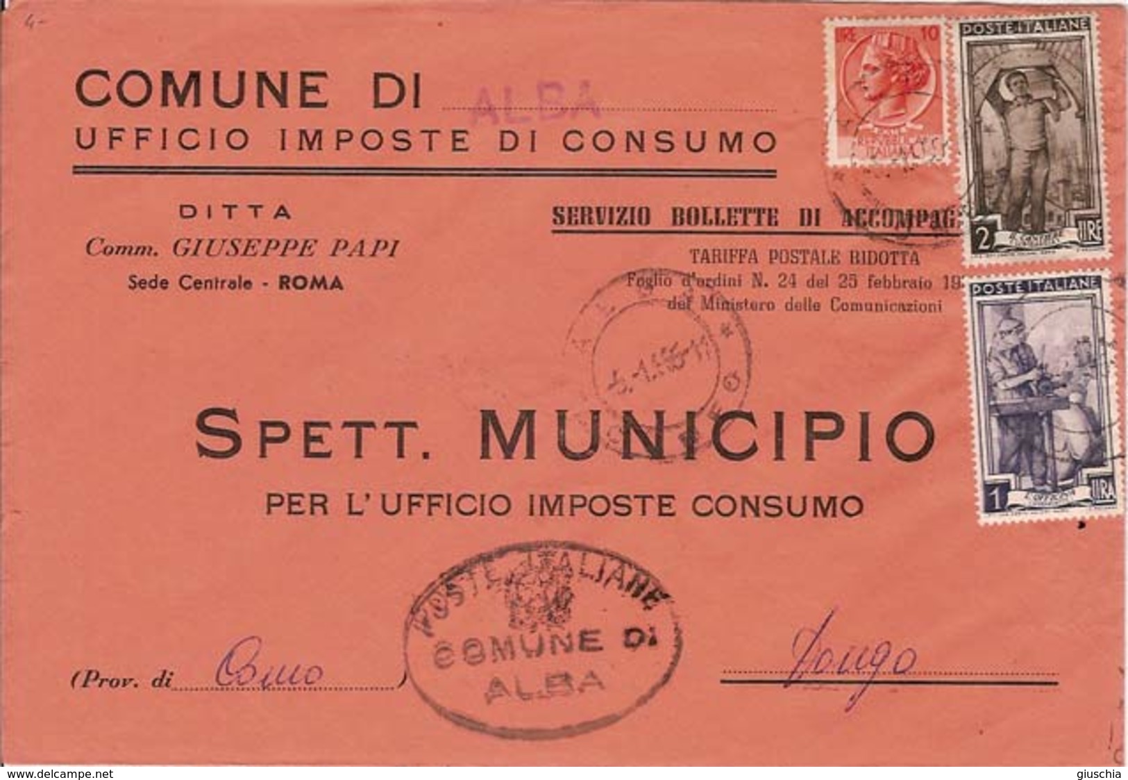 (St.Post.).Repubblica.Busta In Tariffa 13 Lire.Affranc. Mista "Siracusana" E "Italia Al Lavoro" (51-15) - 1946-60: Poststempel