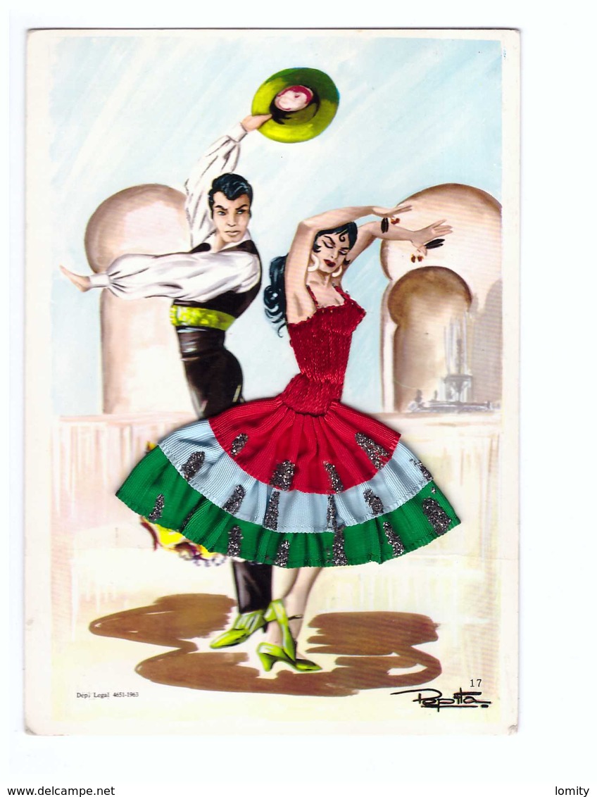 Carte Brodée Illustration Pepita N°17 Danseurs Flamenco Danseuse Robe Brodée CPM - Ricamate