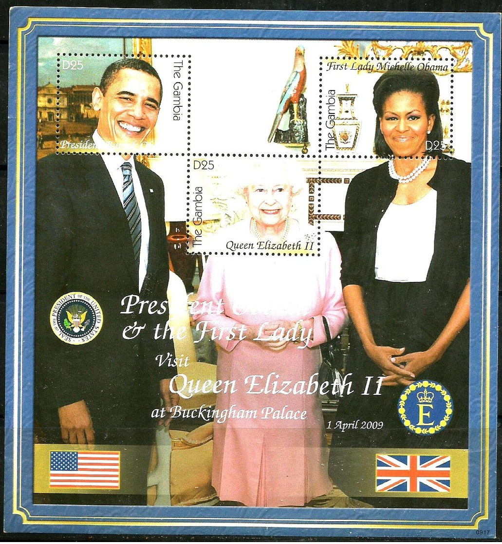 GAMBIA - 2009 - President & Mrs Obama Visit Queen Elizabeth II - Perf 3v Souv Sheet - M N H - Gambia (1965-...)