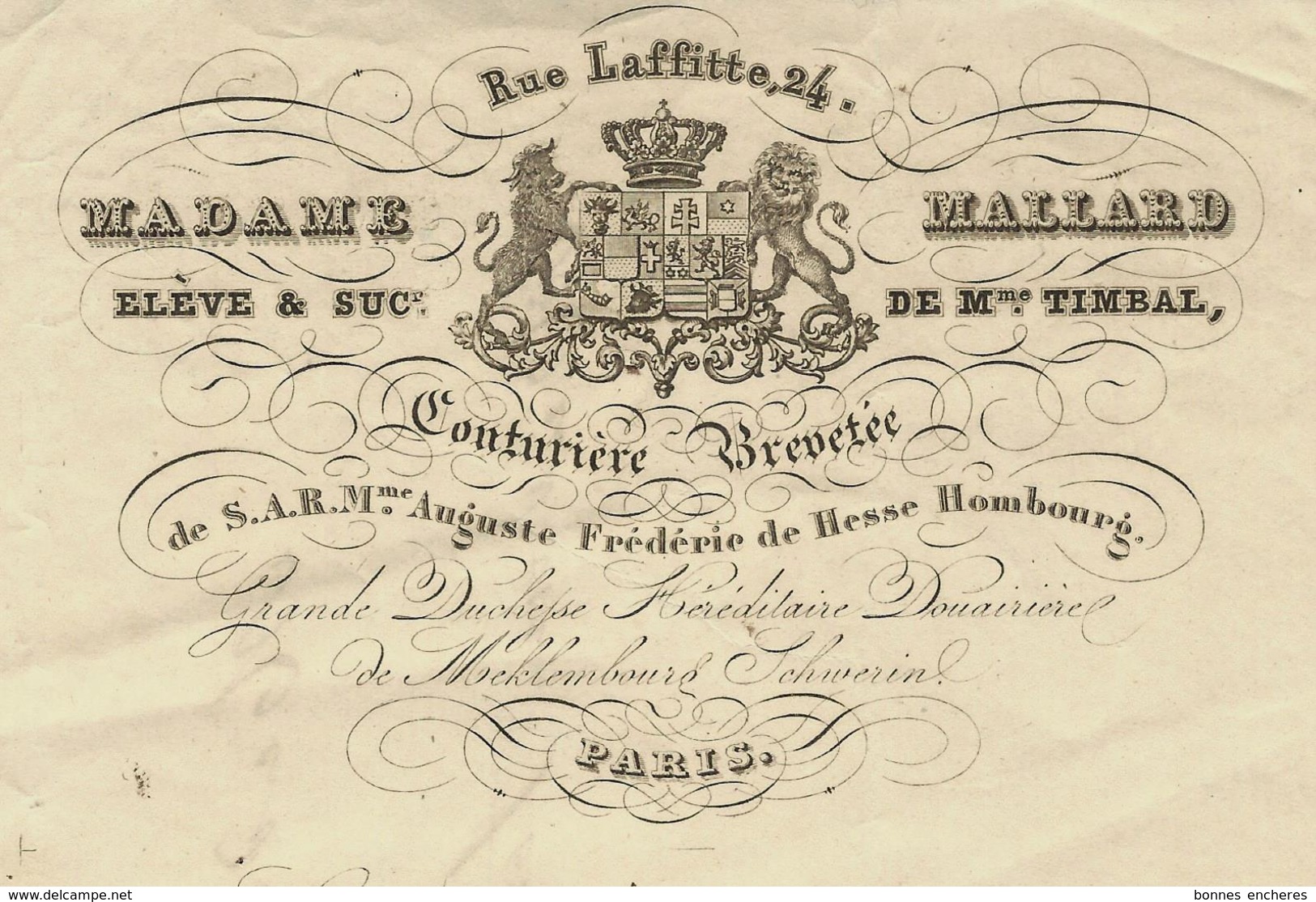 1847 PARIS  MODE COUTURE RUE LAFFITTE MADAME MALLARD COUTURIERE Pour Mme TOURET  VOIR SCANS - 1800 – 1899