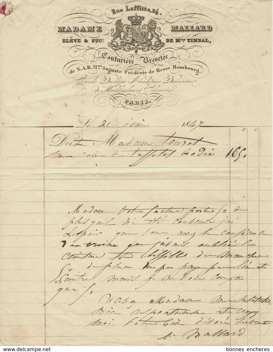1847 PARIS  MODE COUTURE RUE LAFFITTE MADAME MALLARD COUTURIERE Pour Mme TOURET  VOIR SCANS - 1800 – 1899