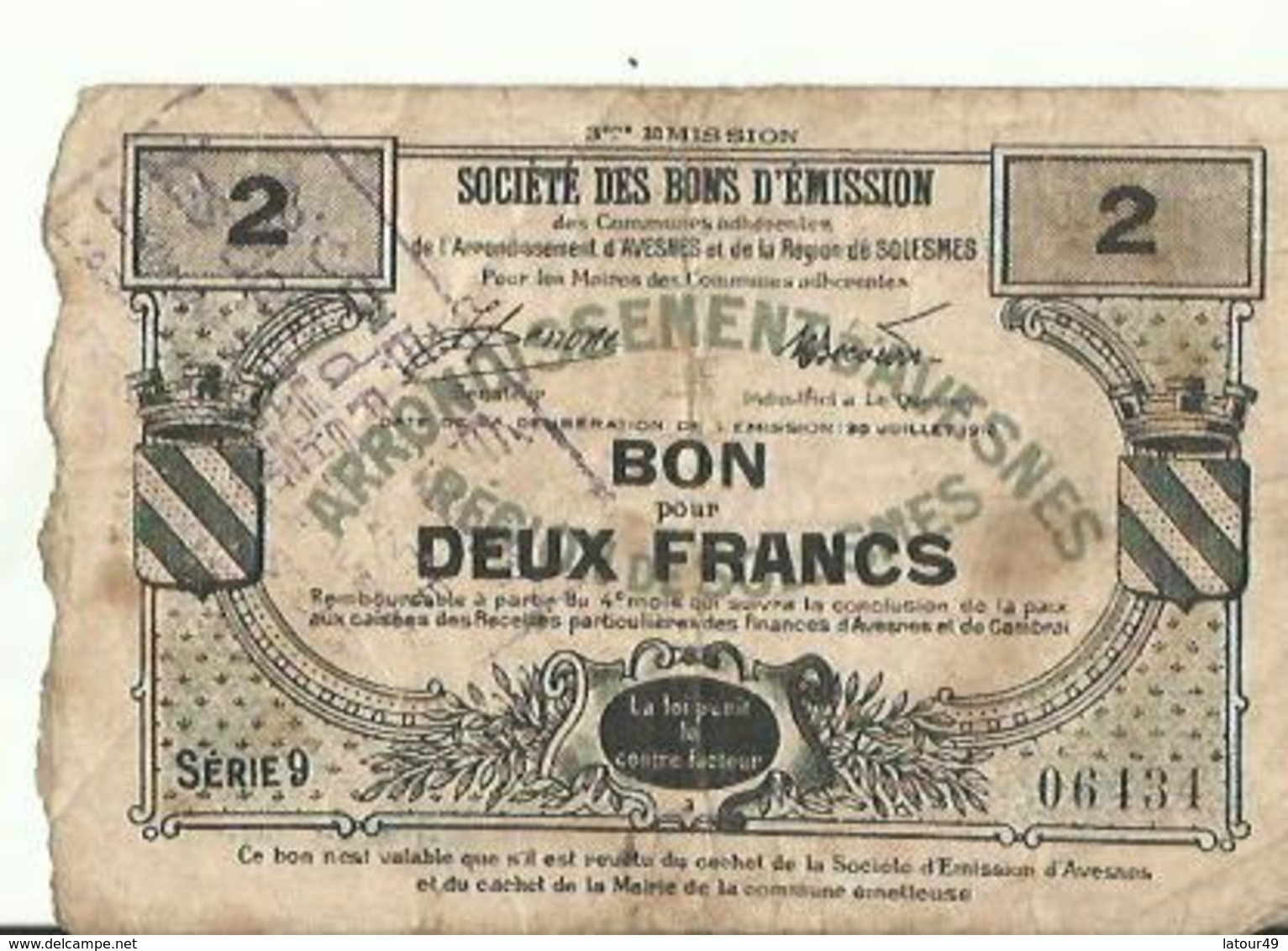 WW1 BON POUR  DEUX FRANCS ARRONDISSEMENT D AVESNES CACHET COMMUNE  DE PREUX AU SART  1916 - Buoni & Necessità