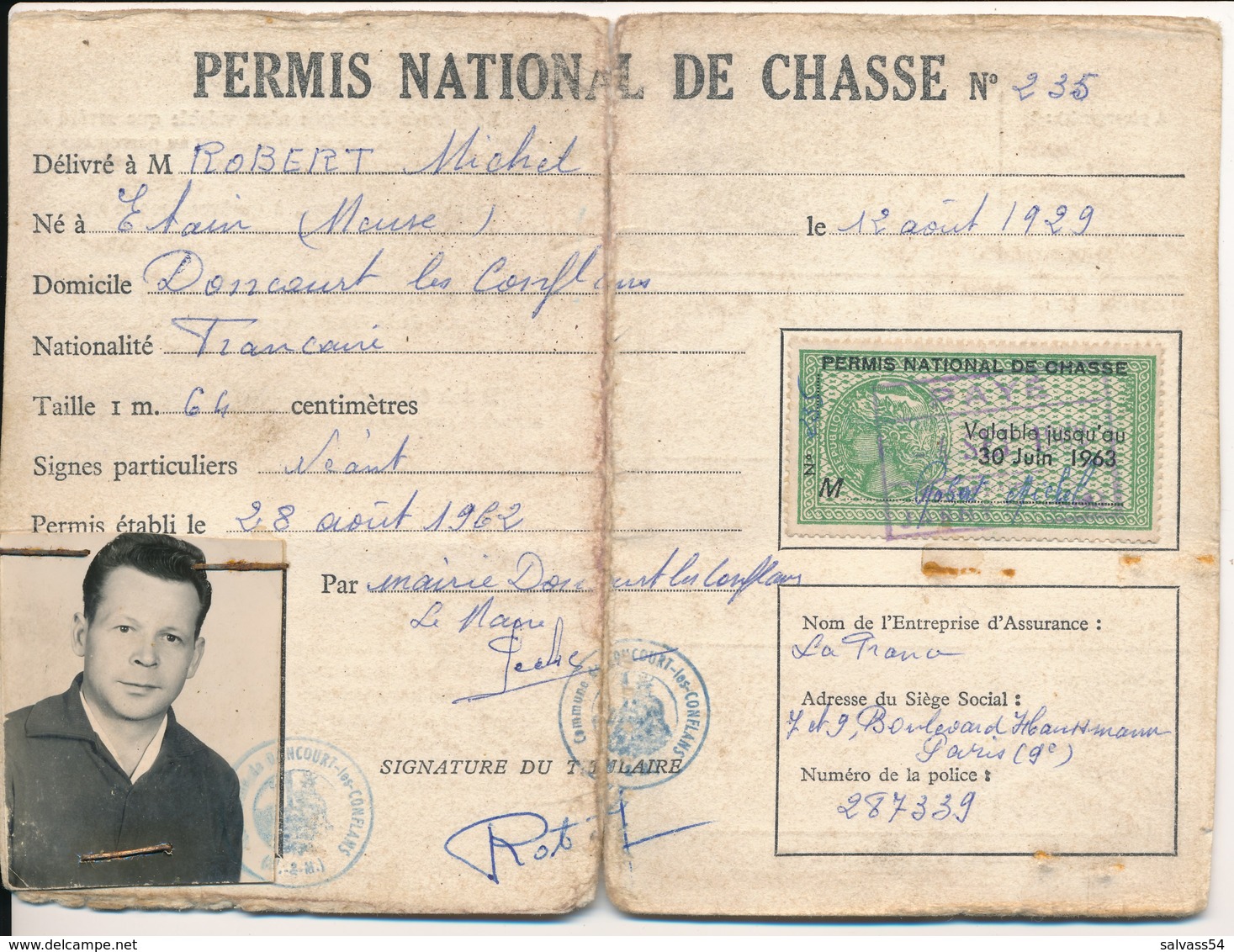 Permis De Chasse - 1962 - Timbre Fiscal - Délivré à Doncourt-les-Conflans (recto/verso) - Sonstige & Ohne Zuordnung