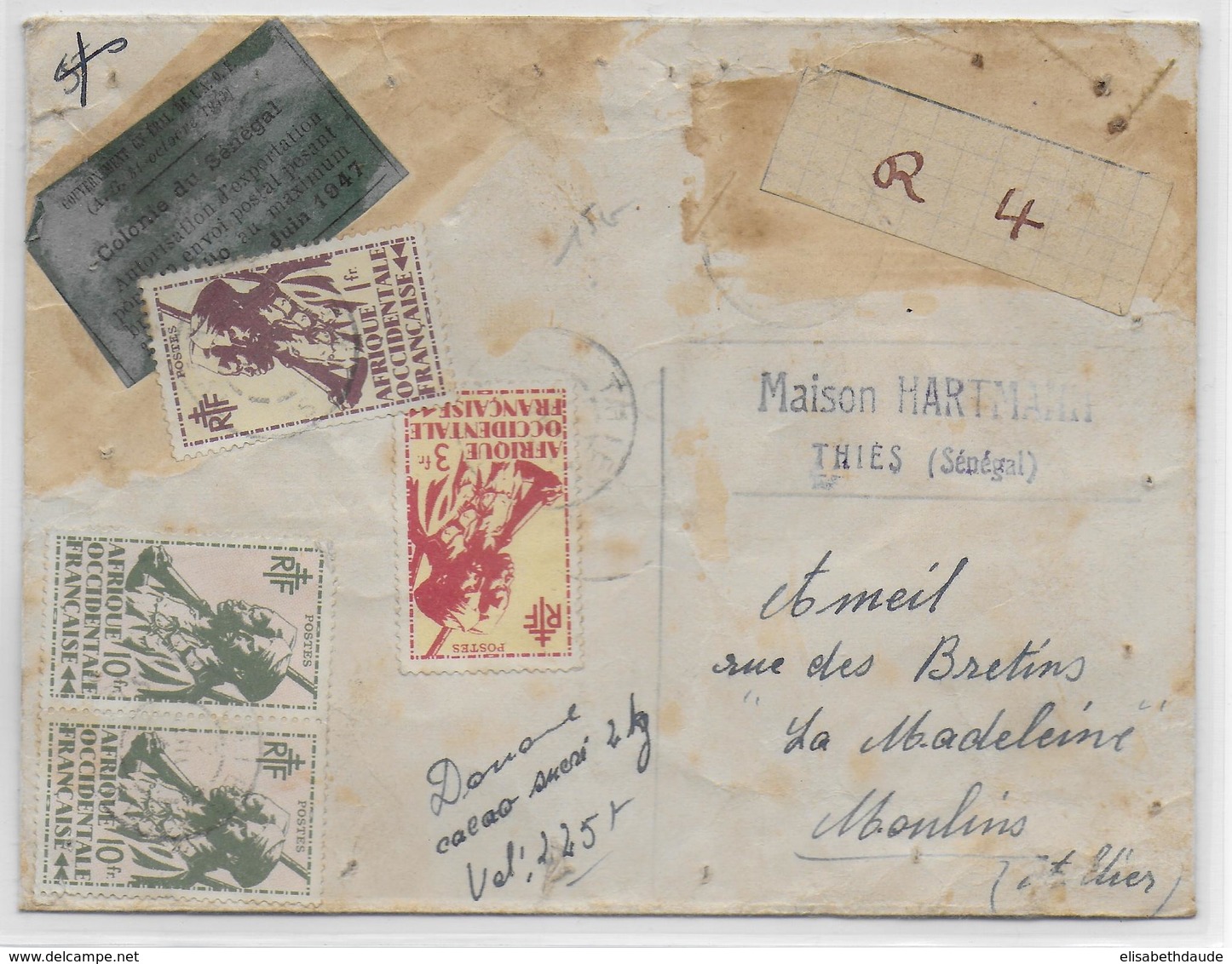 1947 - AOF / SENEGAL - ENVELOPPE De THIES Avec ETIQUETTE AUTORISATION EXPORTATION COLONIE Du SENEGAL => MOULINS - DOUANE - Cartas & Documentos