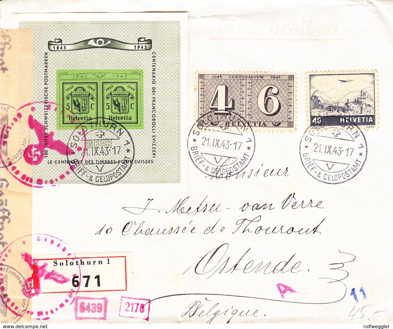 1943 Genf Block Auf Zensuriertem Einschreibe Brief Mit Zusatzfrankatur Solothurn Nach Ostende; Leichte Bedarfspuren - Blocks & Kleinbögen
