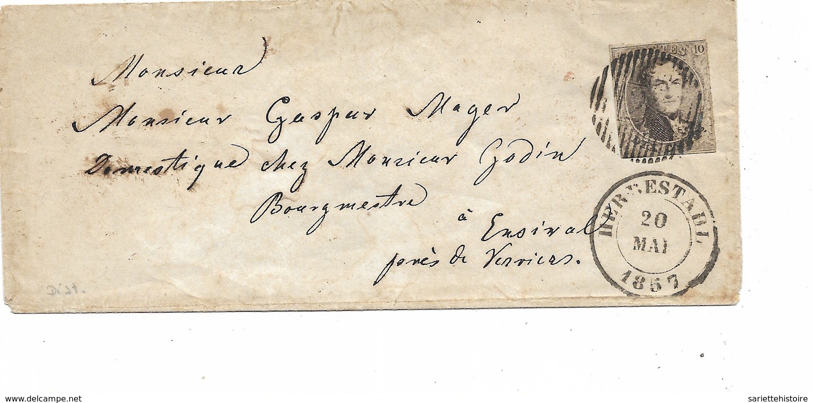 SH 0231. N° 6 (cadre Effleuré à Droite) D 22 / HERBESTHAL 20 MAI 1857 S/Enveloppe V. Ensival. Très Frais. - 1851-1857 Médaillons (6/8)