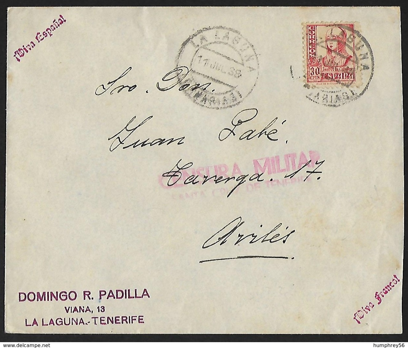 1937 - ESPANA (SPAIN) - Cover CENSURA MILITAR + Michel 773 I - Y&T 583 [Isabel I De Castilla] + LA LAGUNA - Lettres & Documents