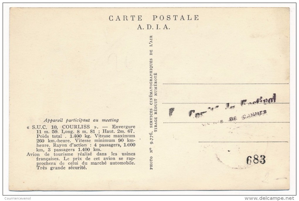 France - Carte Postale "CANNES Festival International Du Film - Journée De L'Air 1946" - Cachet Concordant - Commemorative Postmarks