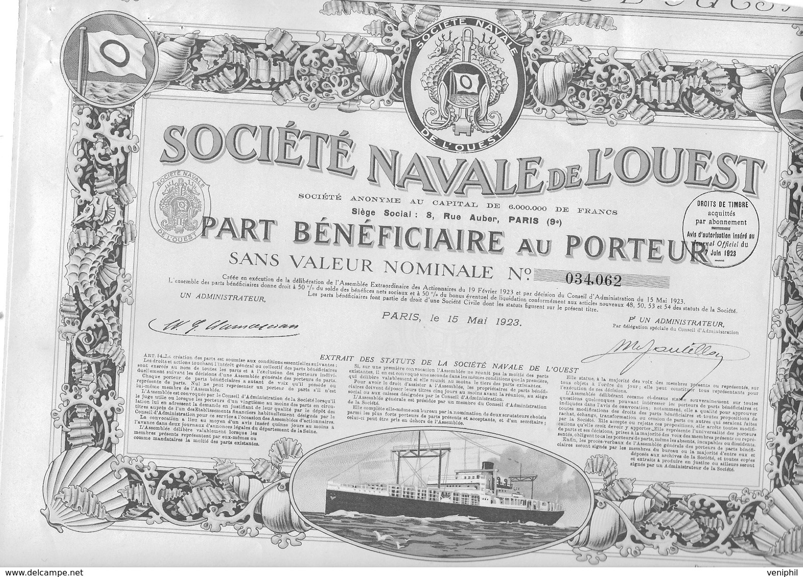 SOCIETE NAVALE DE L'OUEST -  PART BENEFICIAIRE  -ANNEE 1923 - Scheepsverkeer