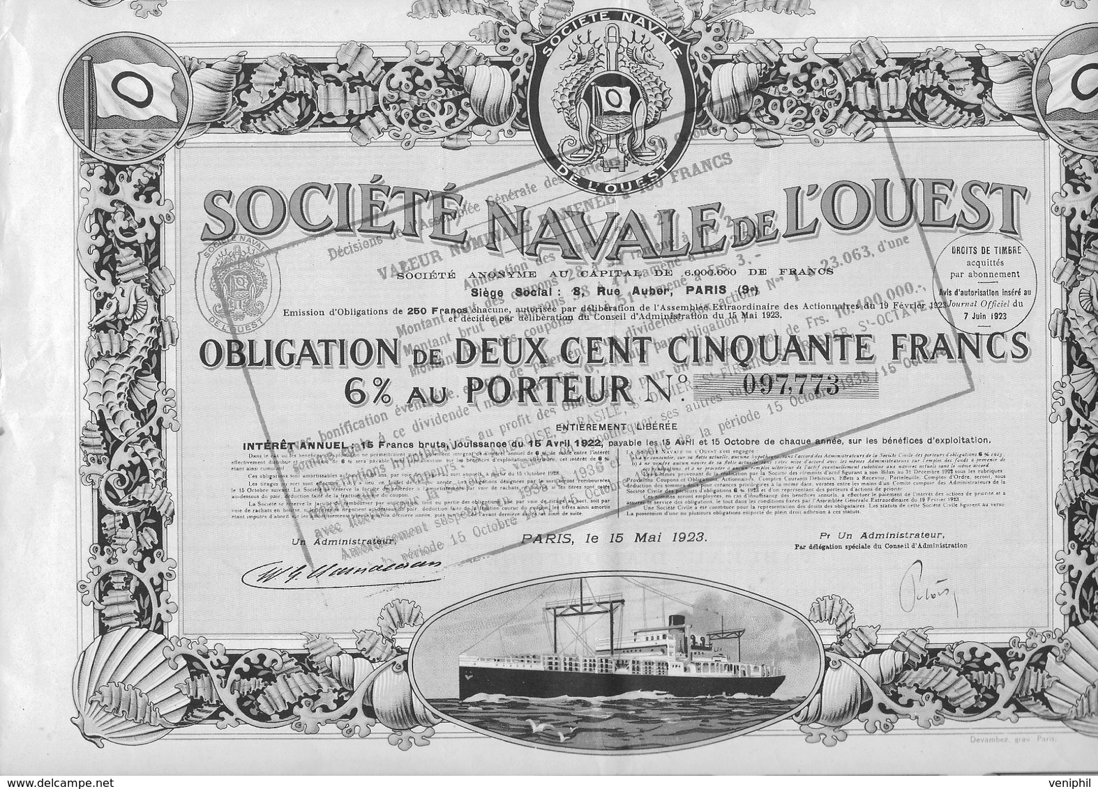 SOCIETE NAVALE DE L'OUEST -  OBLIGATION DE 250 FRS 6 % -  -ANNEE 1923 - Navigazione