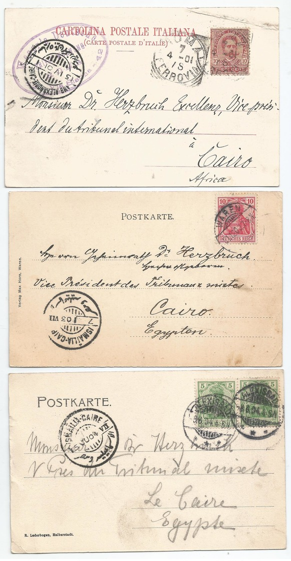 EGYPT ÄGYPTEN 3 INCOMING CARDS WITH TPO MARKS FROM ITALY & GERMANY 1901-04 - 1866-1914 Khedivate Of Egypt