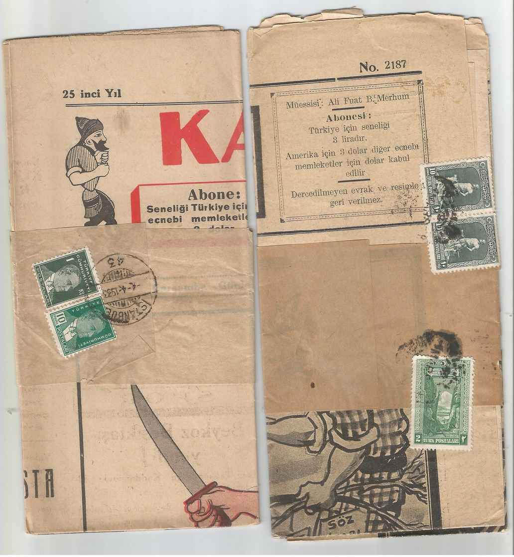 TURKEY LOT OF 2 KARAGOZ NEWSPAPER WITH STAMPS TO EGYPT 1929-33 - Covers & Documents