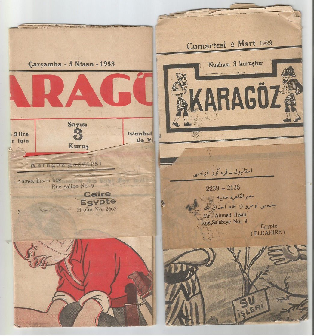 TURKEY LOT OF 2 KARAGOZ NEWSPAPER WITH STAMPS TO EGYPT 1929-33 - Covers & Documents