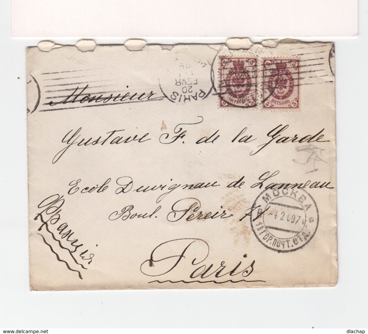 Sur Enveloppe Paire 5 K Lilas  Empire Russe Armoiries. CAD Mockba 1909. CAD Paris Distribution. (3477) - Máquinas Franqueo (EMA)