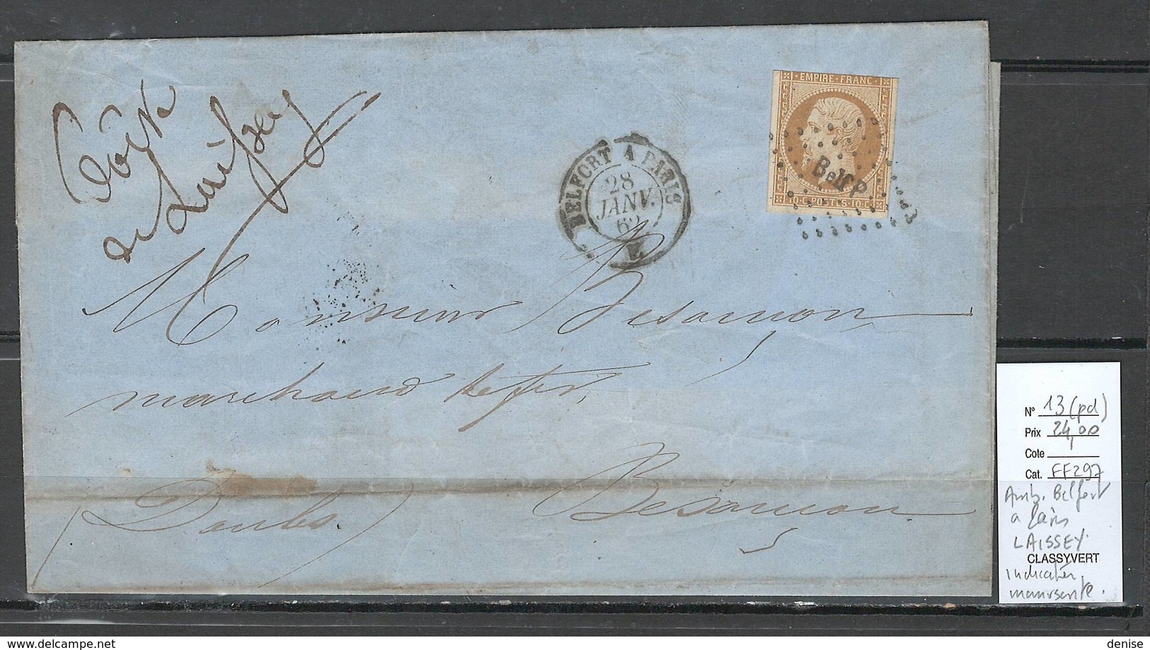 France - Lettre Yvert 13 -Ambulant Belfort à Paris - Boite De LAISSEY - Mention Manuscrite -1862 - Railway Post