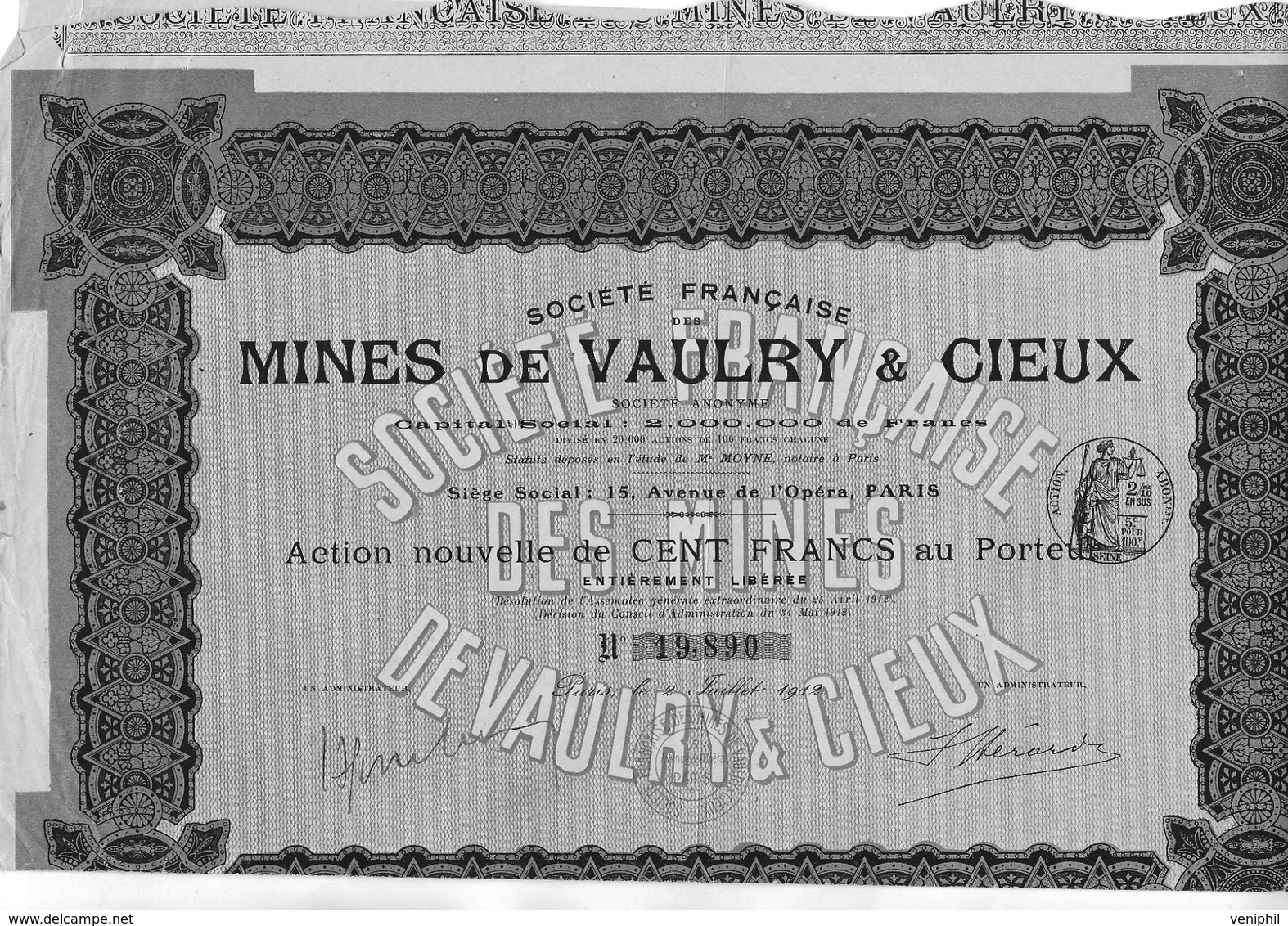 MINES DE VAULRY ET CIEUX  - ACTION DE 100 FRS - ANNEE 1912 - Mines