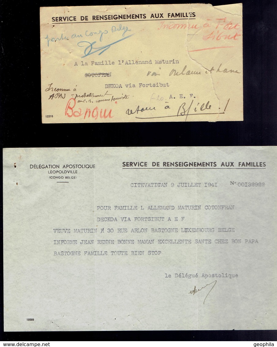 Lettre Avec Tous Les Documents: Service De Renseignements Aux Familles Délégation Apostolique Juillet 1941  ( 4 Scans ) - Lettres & Documents