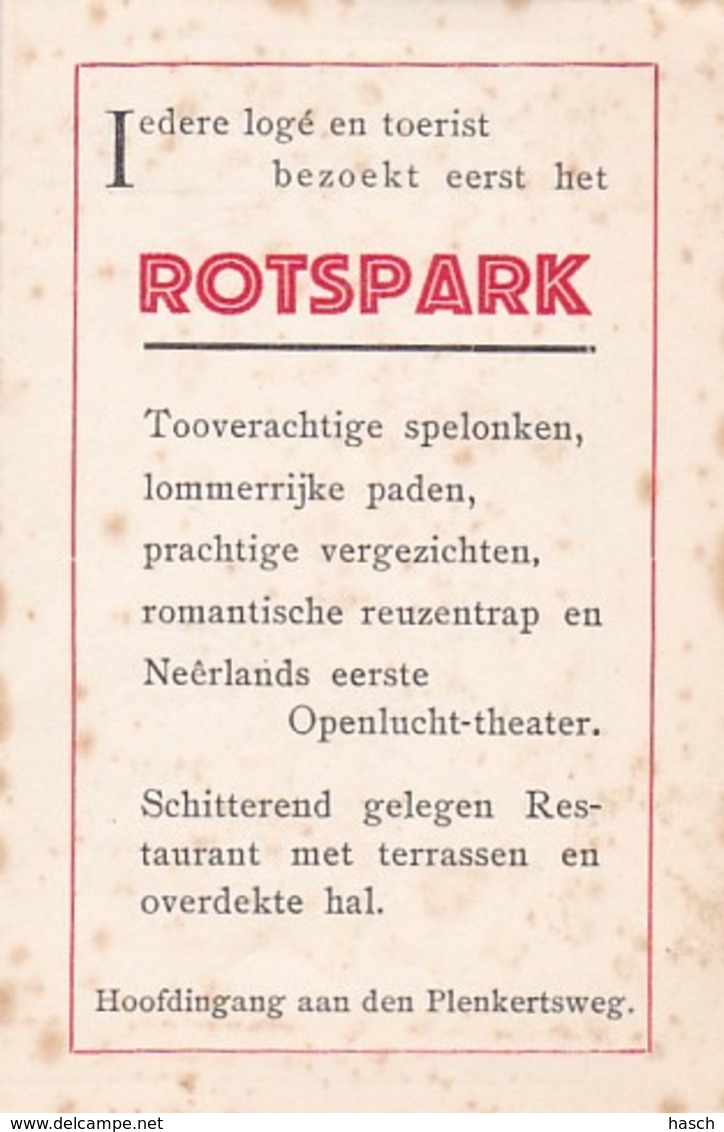 270375Kaartje Seizoen 1930.'t Rotspark Mèt 't Opelochtheater Liek In De De Plenkert In 't Sjtedsje Valkeberg. 8x12,5cm. - Valkenburg