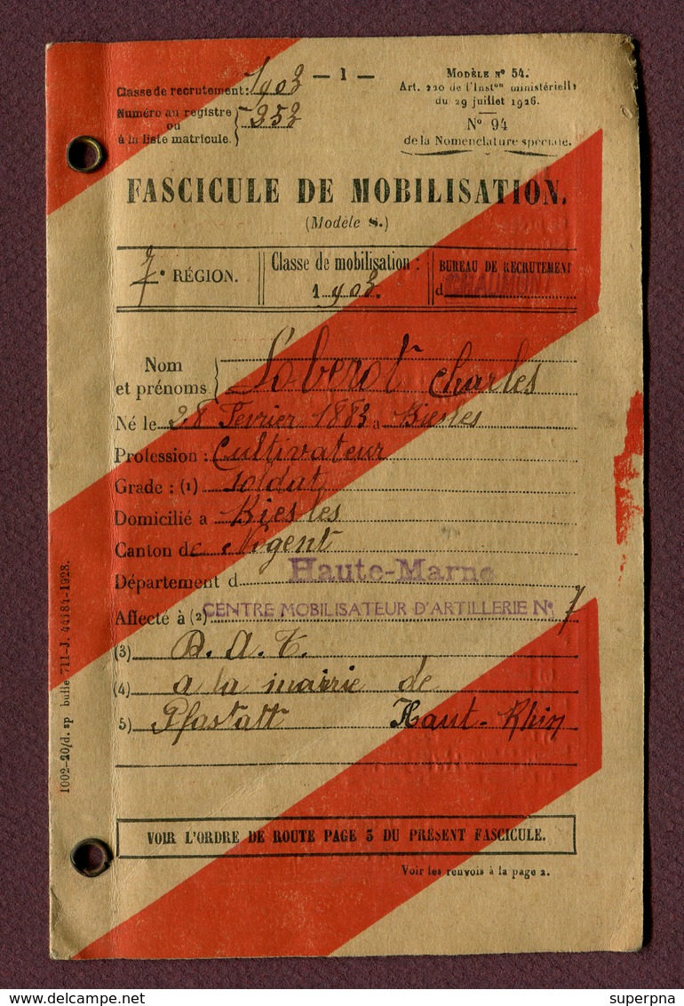 FASCICULE DE MOBILISATION  1903 (de BIESLES à PFASTATT) - Documents